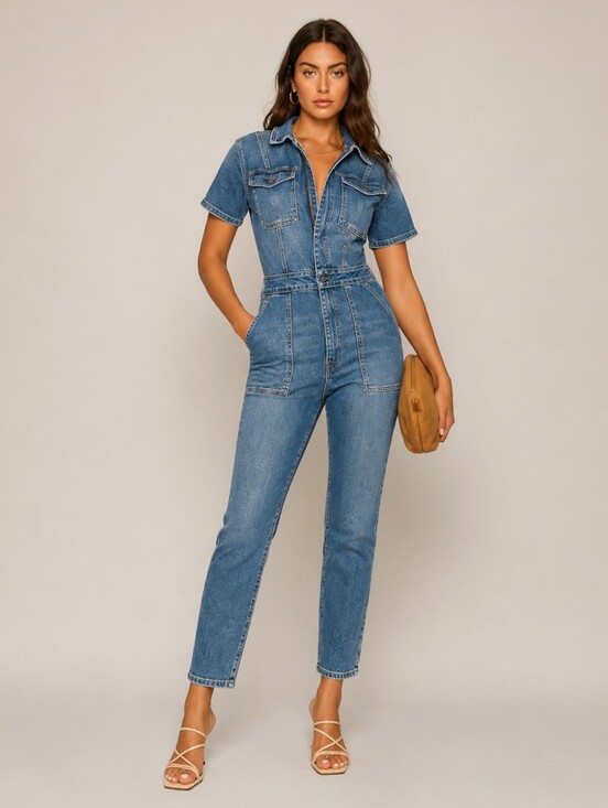 Good American Pants - Good American Fit For Success Short Sleeve Denim Jumpsuit Size S